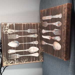Canvas Print Set Dining Room Kitchen Fork Spoon Knife Gold Accent Wall Hanging